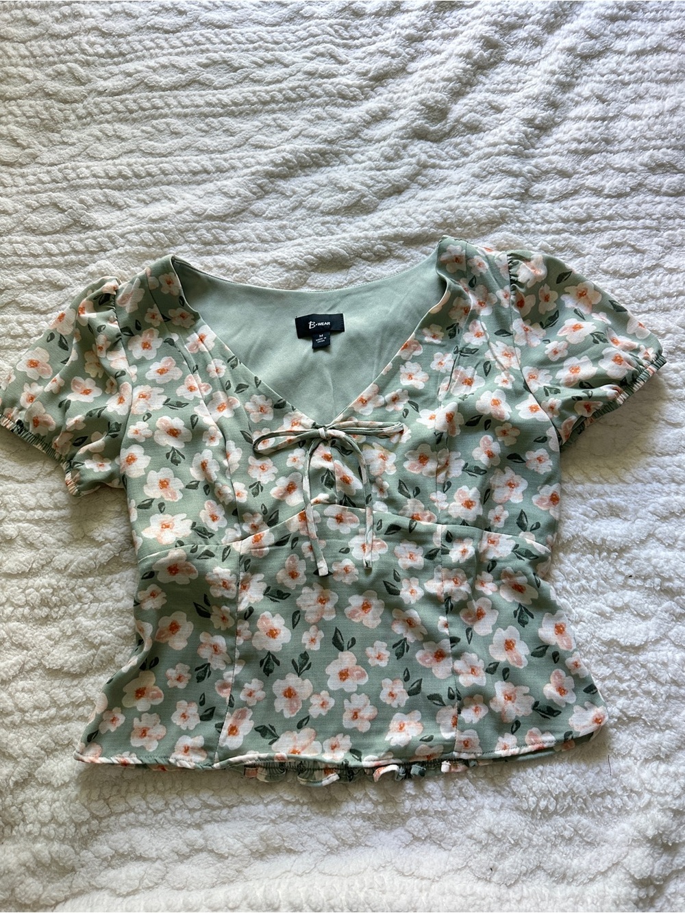 Bwear Sage Green Floral Tie-Front Puff Sleeve Top